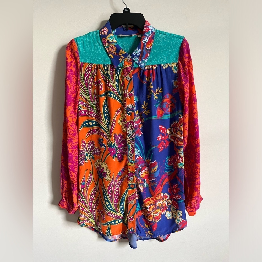 Soft Surroundings Hermosa Tunic Button Up Colorful Embroidered Floral Shirt Sz S